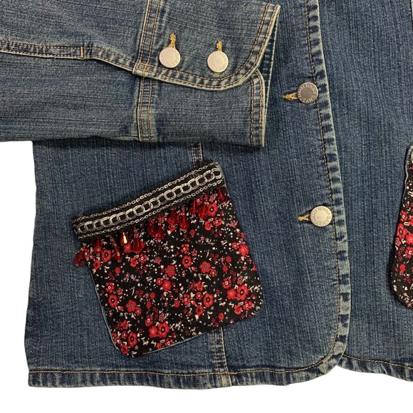 Denim Jacket Red & Black Floral w/Beaded Chain Trim Boho Banana Republic Large - Picture 6 of 14